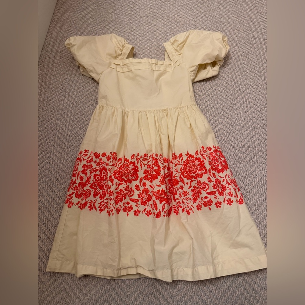 Janie & Jack Cream Girls' Puff Sleeve Dress with Red Floral Print- Size 12